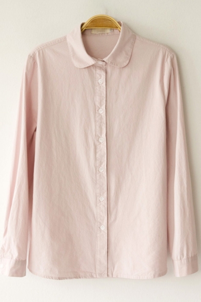 Basic Girls Shirt Solid Color Long Sleeve Turn-down Collar Button Up Relaxed Fit Shirt Top