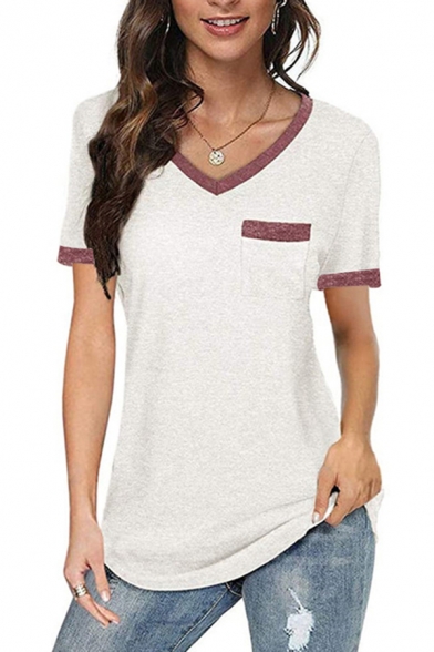 Basic Girls T Shirt Contrasted Pipe Short Sleeve V-neck Regular Fit Tee Top