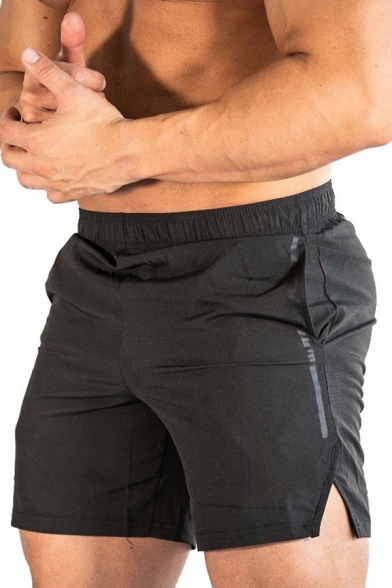 Basic Mens Shorts Contrast Stitching Split Hem Stripe Pattern Elastic Hem Side Pockets Slim Fitted Shorts