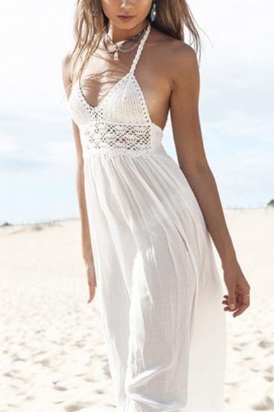 Beach Halter Lace Insert Sleeveless Open Back Maxi Cami Dress