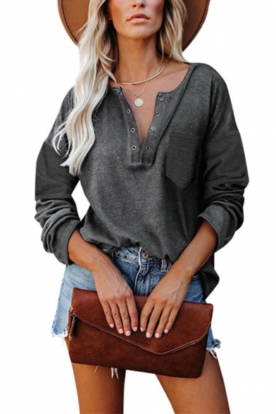 Casual Plain Long Sleeve Deep V-neck Eyelet Details Waffle Panel Chest Pocket Loose Blouse Top for Women