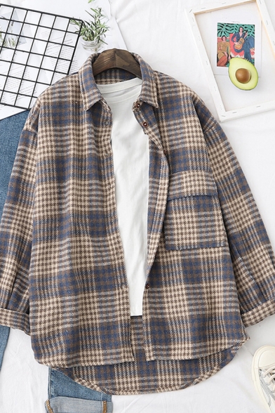 Casual Shirt Plaid Printed Long Sleeve Spread Collar Button Up Loose Fit Shirt Top