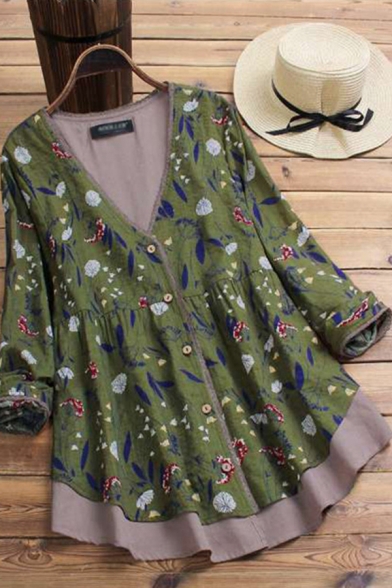 Casual Women's Shirt Floral Pattern Button Fly Patchwork Contrast Panel Long Sleeves Relaxed Fit Shirt Blouse