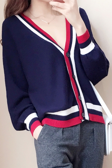 Contrast Striped Trim V Neck Button Placket Long Sleeve Casual Cardigan