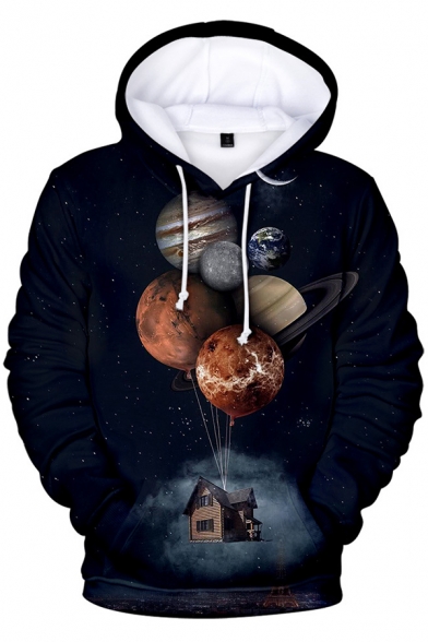 Creative Fashion Black Starry Sky Planet House 3D Printed Drawstring Hooded Long Sleeve Casual Loose Hoodie