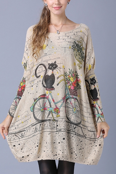 Cute Knit Top Cartoon Cat Bicycle Print Long Sleeve Round Neck Tunic Relaxed Fit Knitted Top