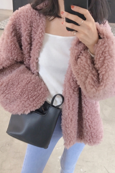 Elegant Women's Fur Coat Solid Color Fur Fleece Open Front Long Sleeves Relaxed Fit Fur Coat