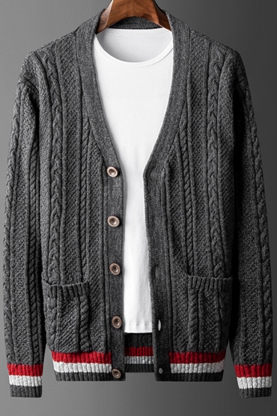 Fancy Men's Cardigan Cable Knit Button Closure Front Pocket Ribbed Trim Long Sleeves Regular Fitted Cardigan