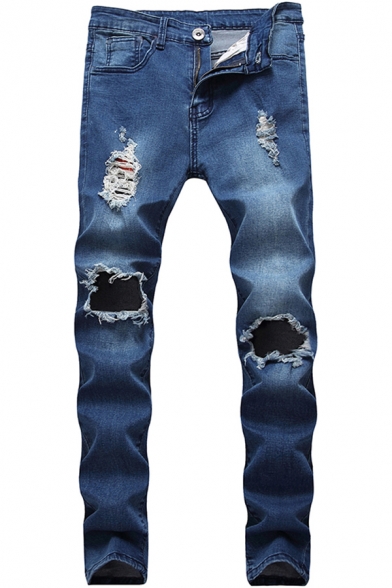 Fancy Men's Jeans Dark Wash Distressed Hole Side Pockets Regular Fitted Long Jeans