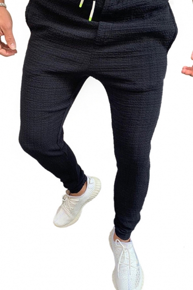Fancy Men's Pants Solid Color Cotton and Linen Drawstring Elastic Waist Ankle Length Skinny Pants