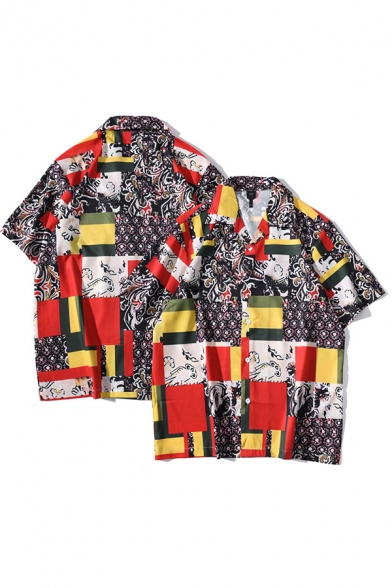 Fancy Men's Shirt All over Graphic Print Color Block Button Closure Turn-down Collar Short Sleeves Loose Fitted Shirt