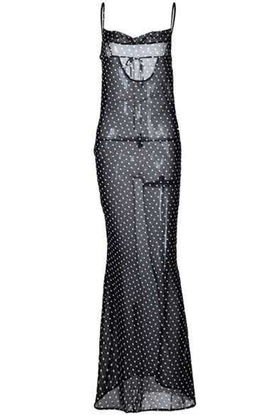 Fancy Women's Maxi Dress Polka Dot Pattern Spaghetti Strap Halter Neck Sleeveless Transparent High Split Maxi Dress