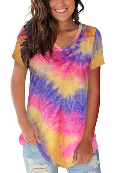 Dainzusyful Womens T Shirts Short Sleeve Criss Cross Front V Neck Casual Tie-Dye Tees Gradient Loose Fit Tops Blouses