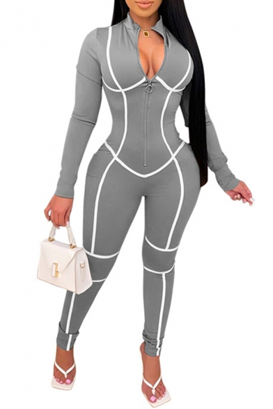 Fashionable Women's Jumpsuit Reflect Light Contrast Piping Front Zip Mock Neck Long Sleeves Slim Fitted Jumpsuit