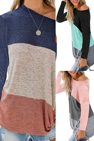 Girls Popular T Shirt Colorblock Long Sleeve Boat Neck Relaxed Fit Tee Top