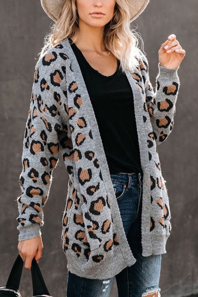 Gray Leisure Leopard Pattern Long Sleeve Open Front Long Cardigan for Women
