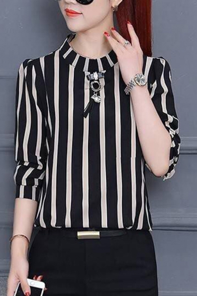 Leisure Women's Blouse Stripe Pattern Mock Neck Long Sleeves Regular Fitted Shirt Blouse