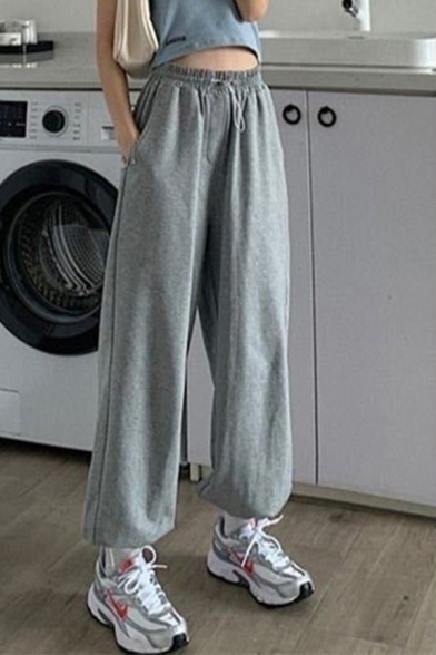 Leisure Women's Pants Solid Color Banded Cuffs Drawstring Elastic Waist Side Pocket Ankle Length Pants