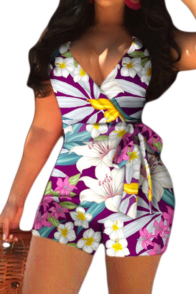 Leisure Women's Romper Floral Pattern Wrap Front Tie Waist Sleeveless Slim Fitted Rompers