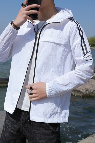 Men's Simple Plain Hooded Zip Up Sun Protection Quick Drying Waterproof White Sports Jacket Coat