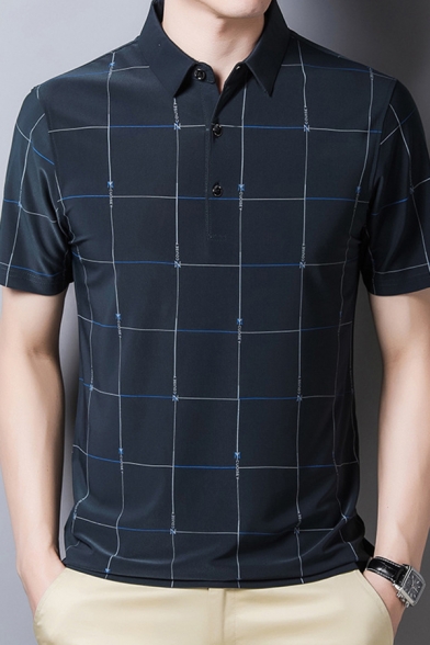 Mens Business Polo Shirt Stylish Grid Pattern Ice Silk Thin Turn-down Collar Button Detail Short Sleeve Slim Fit Polo Shirt