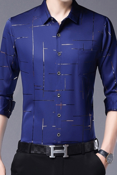 Mens Business Shirt Unique Crossing Line Pattern Button up Turn-down Collar Slim Fit Short Sleeve Shirt