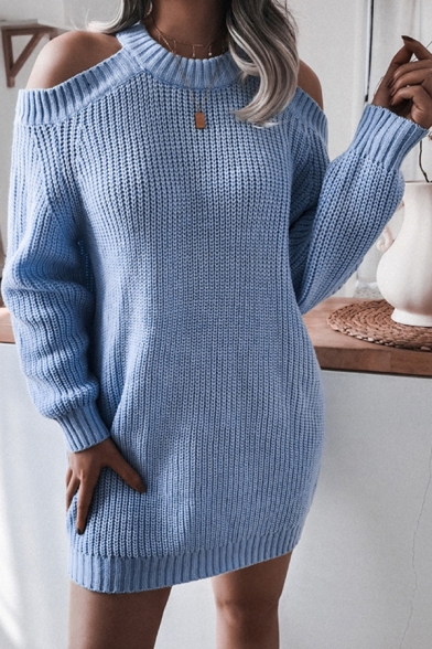 Pretty Dress Plain Knit Long Sleeve Cold Shoulder Short Shift Sweater Dress for Ladies