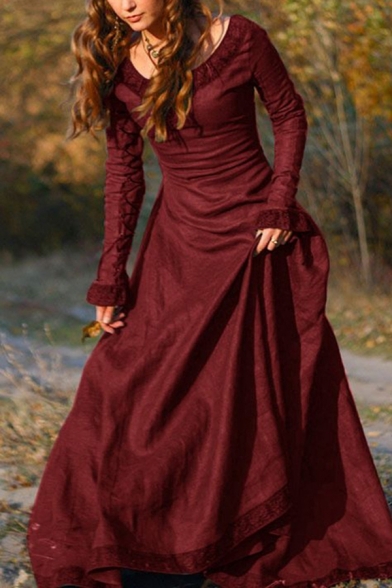 Renaissance Girls Dress Plain Long Sleeve Round Neck Long A-line Dress