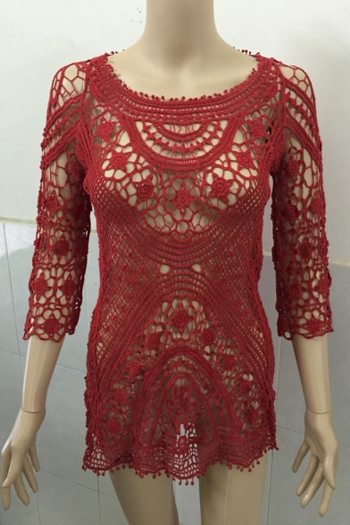 Retro Womens Dress Hollow out Crochet Lace Crew Neck 3/4 Sleeve Regular Fitted Mini Beach Cover up Dress