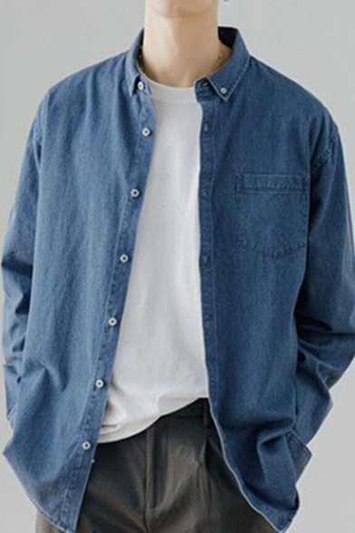 Simple Guys Shirt Long Sleeve Button-down Collar Relaxed Fit Denim Shirt in Blue