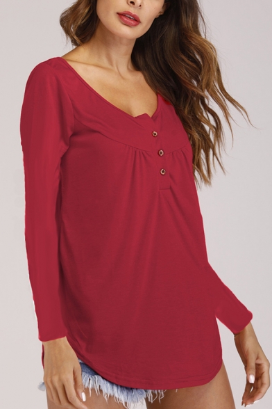 Simple Ladies T-shirt Solid Color Long Sleeve V-neck Button Up Relaxed T Shirt