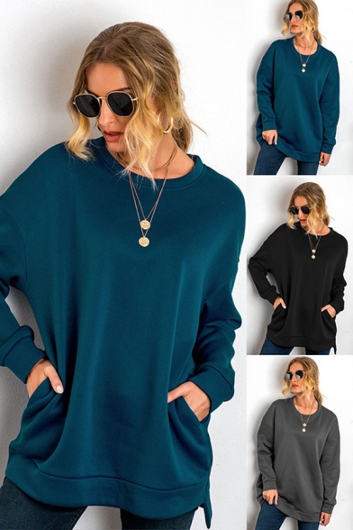 Stylish Womens Sweatshirt Solid Color Long Sleeve Crew Neck Relaxed Pullover Sweatshirt