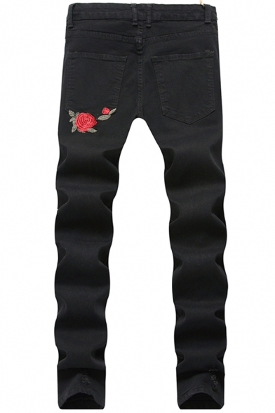 Trendy Men's Jeans Rose Embroidered Button Fly Distressed Long Regular Fitted Jeans in Black