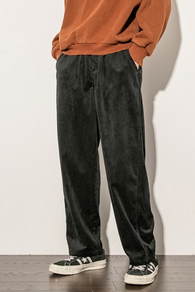 Trendy Mens Pants Solid Color Corduroy Side Pocket Label Patched Elastic Waist Zip Fly Wide-Leg Long Pants