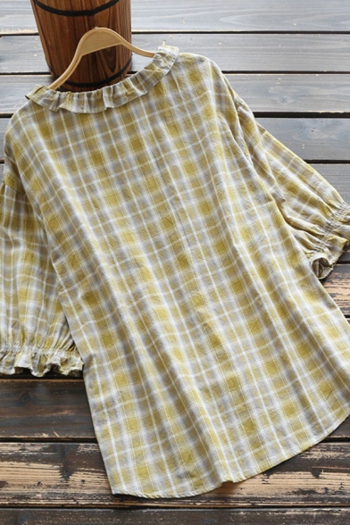 Trendy Women's Blouse Plaid Print Ruffles Half Sleeves Regular Fitted Shirt Blouse