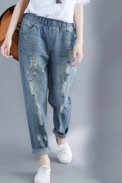 Trendy Women's Jeans Distressed Broken Hole Drawstring Waist Ankle Length Tapered Jeans with Washing Effect