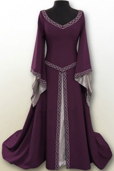 Vintage Girls Dress Printed Bell Long Sleeve V-neck Maxi A-line Dress