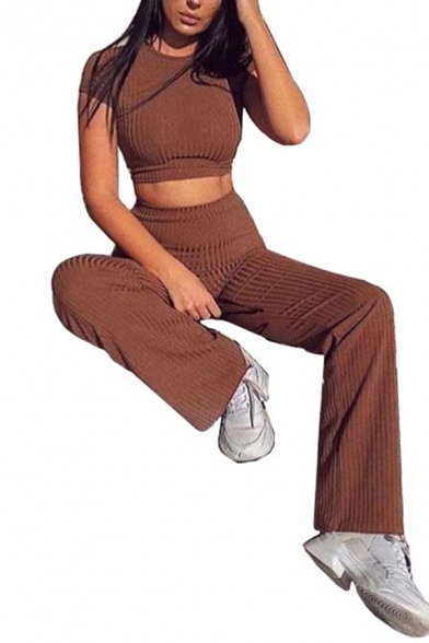 Womens Stylish Set Solid Color Ribbed Short Sleeve Crew Neck Fit Crop Tee & Fitted Pants Co-ords
