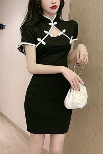 Womens Unique Popular Cutout Front Frog Button Short Sleeve Contrast Trim Black Mini Cheongsam Dress