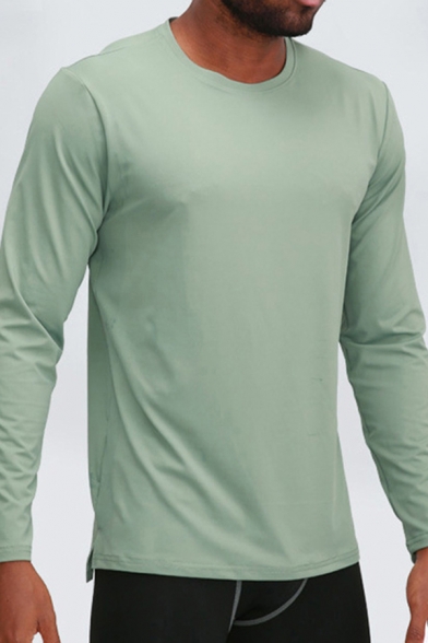 Basic Men's Training T-Shirt Solid Color Round Neck Long-sleeved Split Regular Fitted Quick Dry T-Shirt