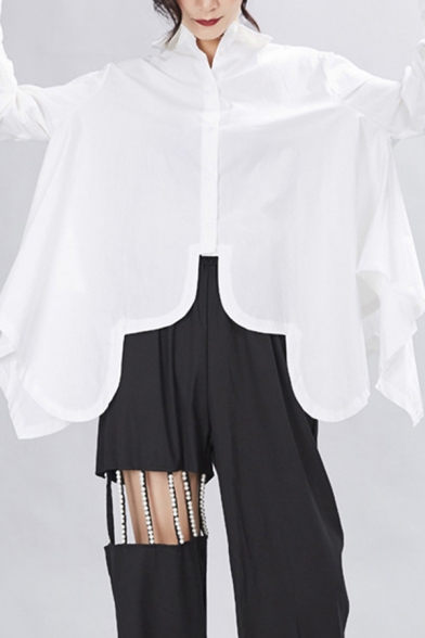 Basic Women's Shirt Plain Button Fly Asymmetrical Hem Long Sleeves Turn-down Collar Relaxed Fit Shirt