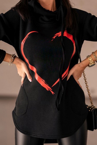 Casual Hoodie Long Sleeve Drawstring Heart Print Curved Hem Asymmetric Hoodie for Ladies