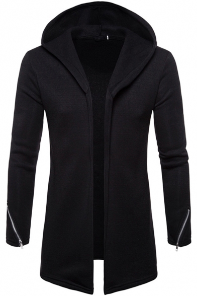Casual Men's Coat Solid Color Zip Cuffs Open Front Long Sleeves Regular Fitted Hooded Coat