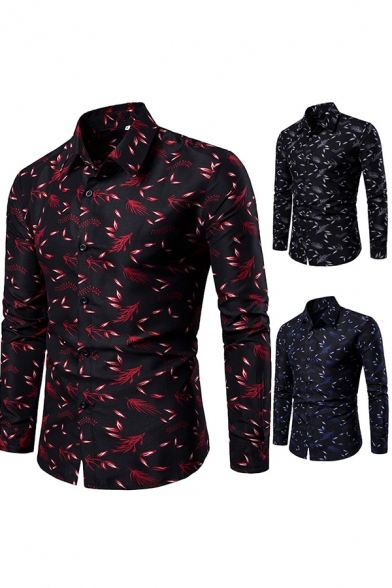 Casual Shirt Ditsy Floral Print Long Sleeve Point Collar Button Up Slim Fit Shirt for Guys