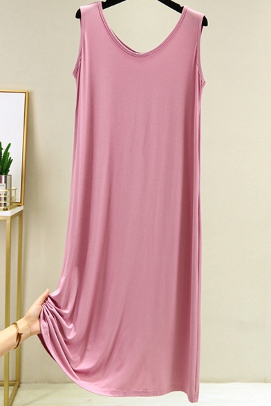Casual Womens Tank Dress Plain Round Neck Sleeveless Loose Fitted Midi Bottoming Tank Dress