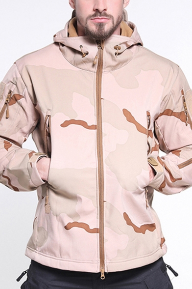 Cool Mens Jacket Camo Tree Printed Sherpa Liner Long Sleeve Hooded Zip Up Loose Jacket