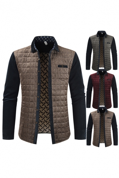 Elegant Men's Jacket Contrast Panel Patchwork Quilted Detail Chest Pocket Button-down Long-sleeved Turn-down Collar Regular Fitted Jacket
