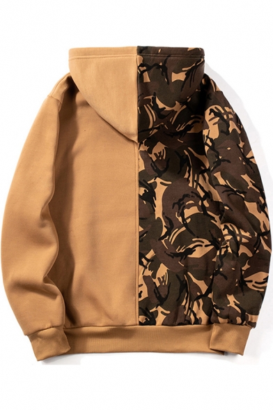 Elegant Mens Hoodie Contrast Panel Kangaroo Pocket Ribbed Trim Long Sleeves Regular Fitted Drawstring Hooded Sweatshirt