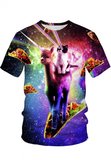 Elegant Women's Tee Top Space Galaxy Alpaca Cat Pattern Round Neck Short-sleeved Regular Fitted T-Shirt