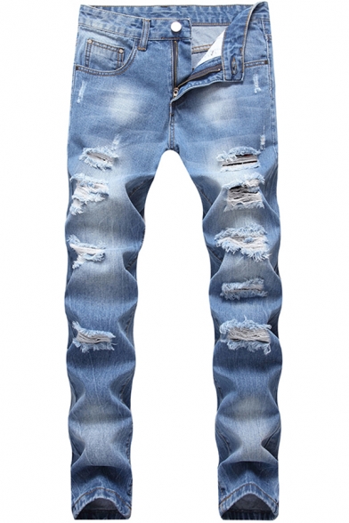 Fancy Men's Jeans Distressed Frayed Light Wash Side Pockets Mid Waist Long Skinny Jeans